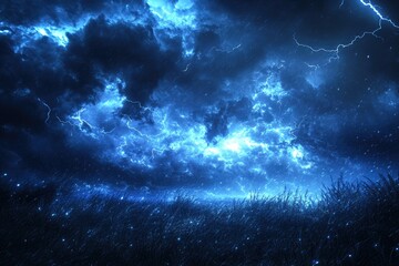 Fototapeta premium A dramatic thunderstorm rages over a field, with vibrant lightning illuminating the dark, rainy night.