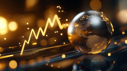 A glowing globe with a rising graph symbolizes global growth and economic progress, set against a shimmering, abstract background.