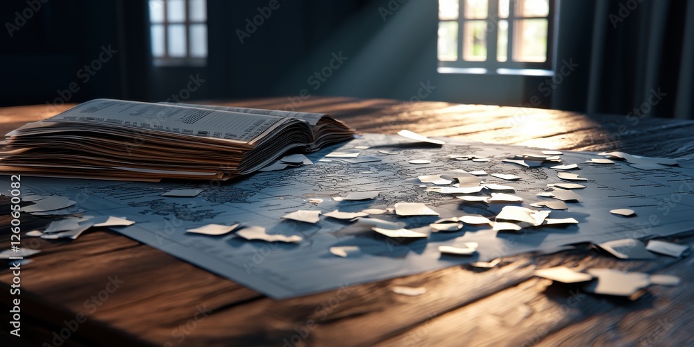 Poster a serene scene featuring an open book on a wooden table, surrounded by scattered paper pieces, illum