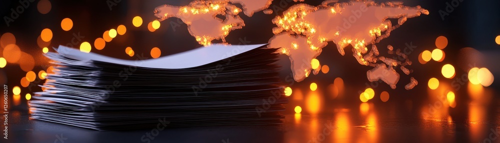 Poster a stack of documents in focus with a blurred world map and glowing lights in the background, suggest