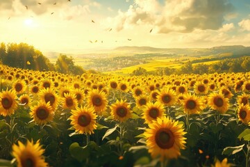 Fototapeta premium Vast sunflower field at sunset, birds flying overhead, idyllic rural landscape.