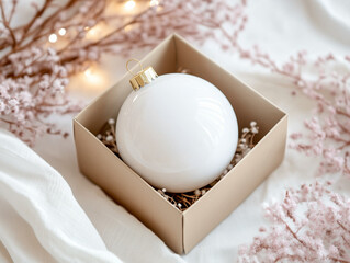 Christmas Ornament Mockup in Gift Box Pink and White Winter Theme Mockups Photography