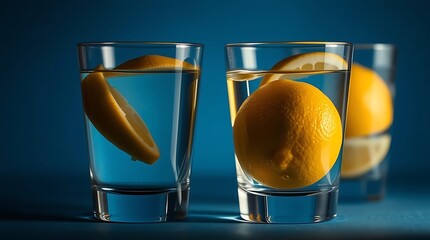 Transparent glasses with water and whole lemons on blue background