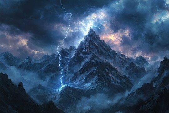 A majestic snow-capped mountain range is dramatically illuminated by a powerful lightning strike during a stormy night.