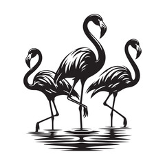 Flamingos standing in water Silhouette Vector Illustration, Solid White Background.