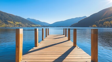 Naklejka premium Serene Wooden Dock Lake Mountain Scenery
