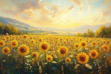Obraz premium A breathtaking sunset illuminates a vast sunflower field, nestled in a picturesque valley.