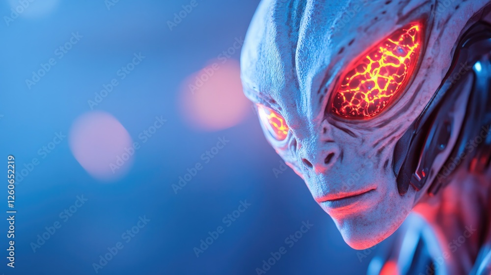 Poster close-up portrait of humanoid alien with bioluminescent facial features intricate patterns glowing s