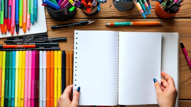 Vibrant art supplies arranged on a wooden workspace