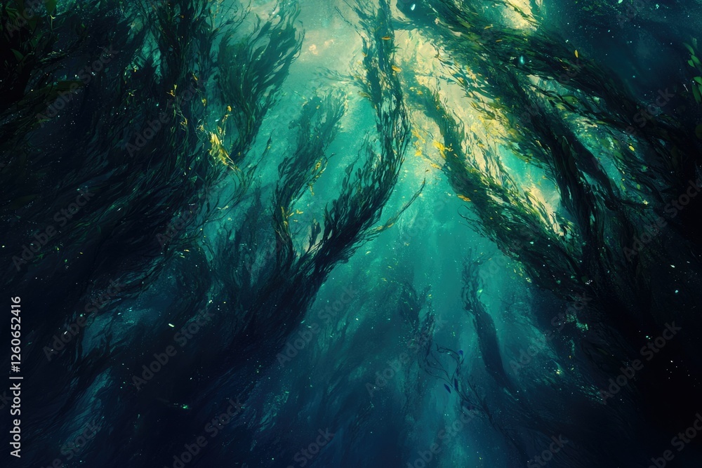 Poster sunlight penetrates a dense kelp forest, creating a mesmerizing underwater scene.