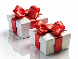 Obraz premium Elegant White Gift Boxes Tied with Red Satin Ribbon Bow - Isolated on White Background