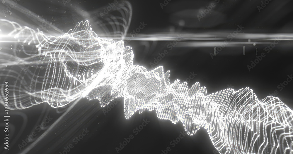 Aufkleber monochromatic glowing waveforms in white tones on a black background, representing light, sound wave