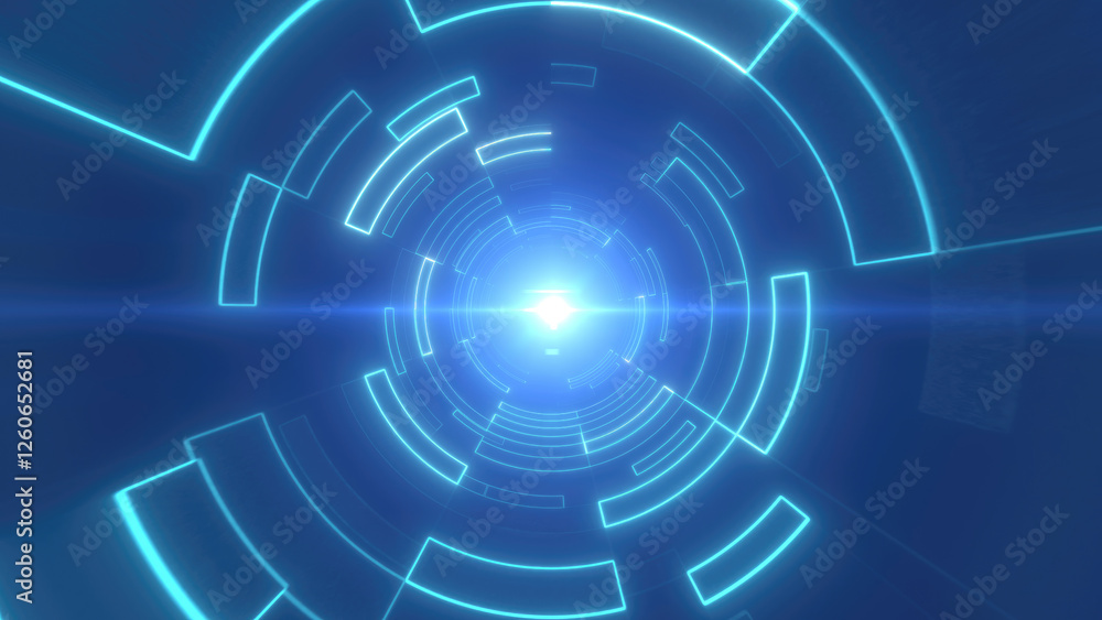 Poster blue digital tunnel with concentric lines and central light source, creating a sense of depth, movem