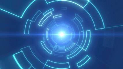 Blue digital tunnel with concentric lines and central light source, creating a sense of depth, movement, and futuristic design in a tech-inspired setting background