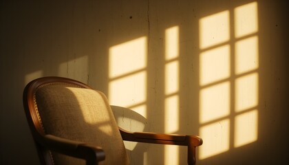 Cozy scene featuring a vintage wooden chair bathed in golden sunlight, casting soft shadows on a textured wall. Perfect for home, nostalgia, and relaxation concepts.