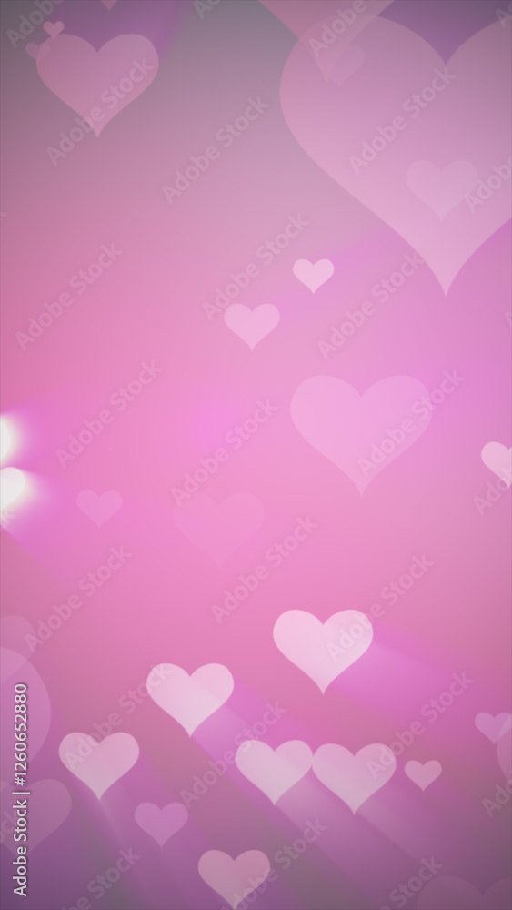 Poster a soft pink background with glowing floating hearts, creating a dreamy and romantic atmosphere. perf