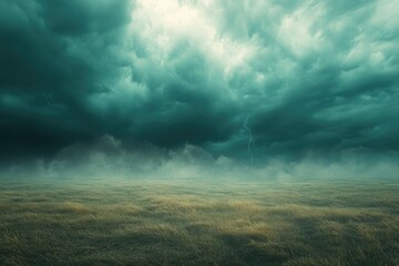 Dark stormy clouds loom over a misty, grassy field, illuminated by lightning strikes.