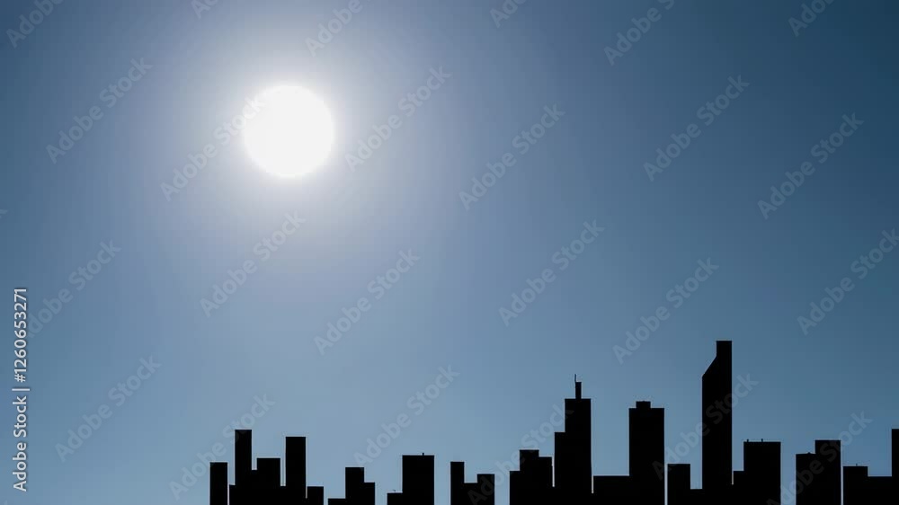 Poster Bright sun slowly traverses a city skyline in slow motion, creating a visually appealing contrast between the radiant orb and dark buildings