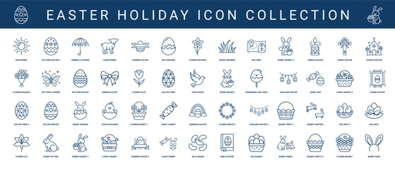 easter holiday line icons, lamb egg bunny candle cross church butterfly dove marshmallow candy basket bible ears