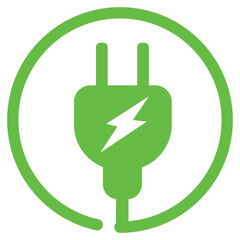 Electric car with E plug green icon. Eco friendly vehicle concept symbol. Hybrid vehicles charging point logotype. Vector illustration