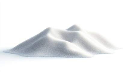White powdered substance piled up, resembling mountains, against white background. Potential use Educational resource, stock photography for food or science projects