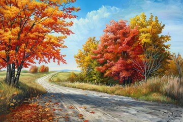 Road in the dazzling beauty of autumn colors. Neural network ai generated