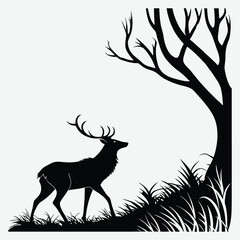 Deer standing in a misty forest silhouette design art with illustration