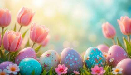 Colorful Easter eggs and tulips in soft focus field