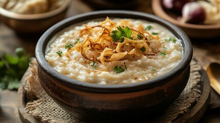 Creamy potato soup, rustic bowl, garnish, wooden table, food blog
