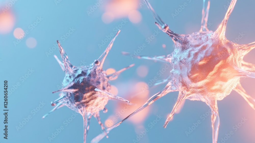 Poster glowing digital representation of vaccine nanoparticles interacting with virus structures portrayed 