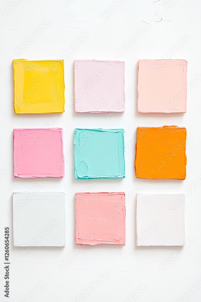 Poster grid of colorful abstract squares on minimalist white background emphasizing geometric simplicity