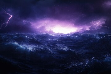 Fototapeta premium A stormy night at sea with purple lightning illuminating the dark waves and starry sky.