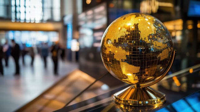 gleaming golden globe symbolizing global connectivity and commerce, set in modern environment with blurred figures in background