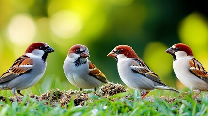 Fototapeta premium Four Sparrows on Green Grass Nature Photography