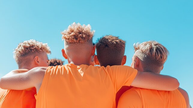 group of diverse players huddled together in basketball court wearing coordinated team jerseys feeling unified through