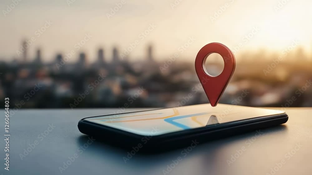 Aufkleber Glowing location pin hovering above smartphone screen displaying digital navigation map, revealing blurred urban landscape in cinematic slow motion sequence