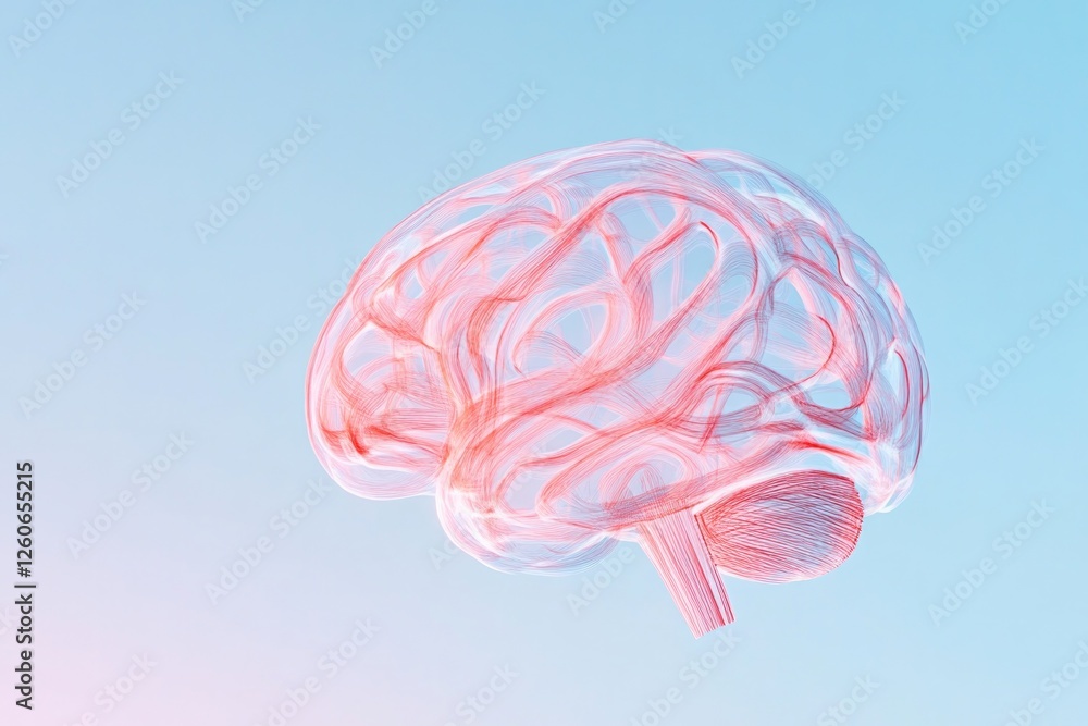 Poster minimalistic depiction of brain drawn with elegant thin lines set against softly blurred background 