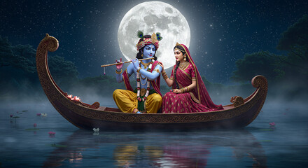 A 3D render of Lord Krishna and Radha in an enchanting scene.