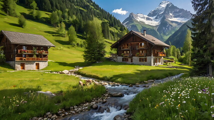 Fototapeta premium Mountain chalet and green meadows landscape in the Alps with wooden home