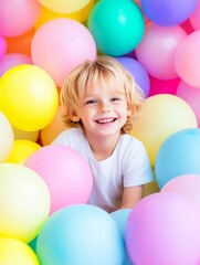 Obraz premium Blond Kid Freckles Balloons Joyful Fun - A cheerful blond kid with freckles smiles, surrounded by pastel balloons. Symbolizing joy, playfulness, celebration, childhood, and happiness