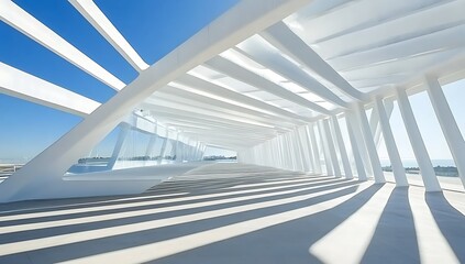 Obraz premium Modern white structure, sunny day, coastal view, architectural design