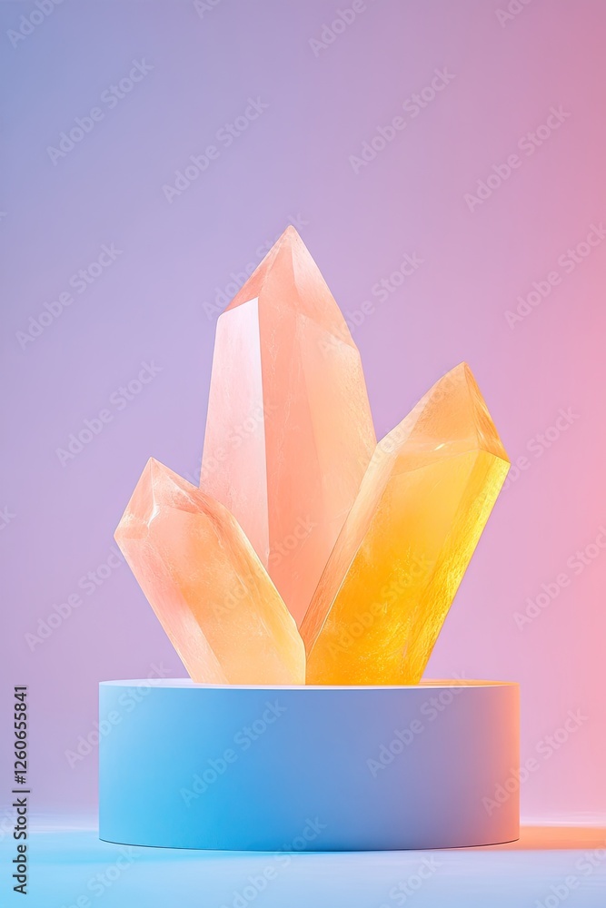 Poster podium featuring bold geometric shapes with lines illuminated with clean lighting against solid back