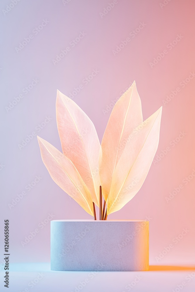 Poster podium featuring bold geometric shapes with lines illuminated with clean lighting against solid back