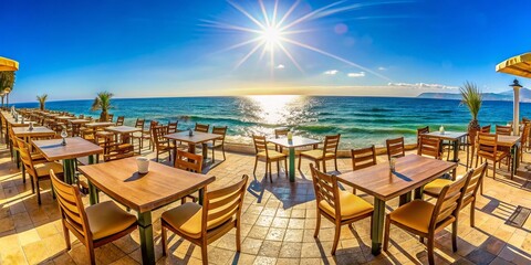 Empty Seashore Cafe Panoramic - Hot Sunny Day Beach Restaurant
