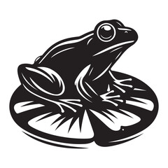 Frog on a lily pad Silhouette Vector Illustration, Solid White Background.