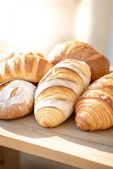 Fototapeta premium rustic bakery display with freshly baked bread and pastries on wooden table basking in morning sunlight
