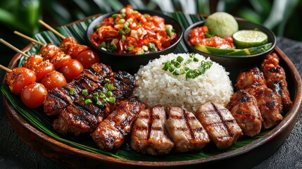 Colorful and Delicious Spread of Grilled Meats with Rice and Fresh Vegetables on a Natural Leaf Plate