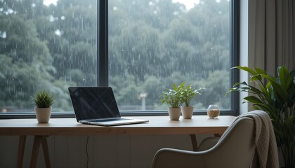 Fototapeta premium Minimalist home office with a laptop, coffee, and plants by a rain-soaked window. A tranquil setting for work, creativity, and relaxation.