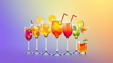 Large collection of summer refreshing cocktails in transparent glasses