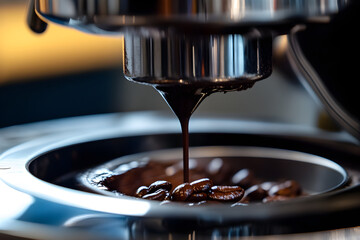 Espresso machine extracting rich coffee shot in a cozy café environment. Caffeine Awareness Month